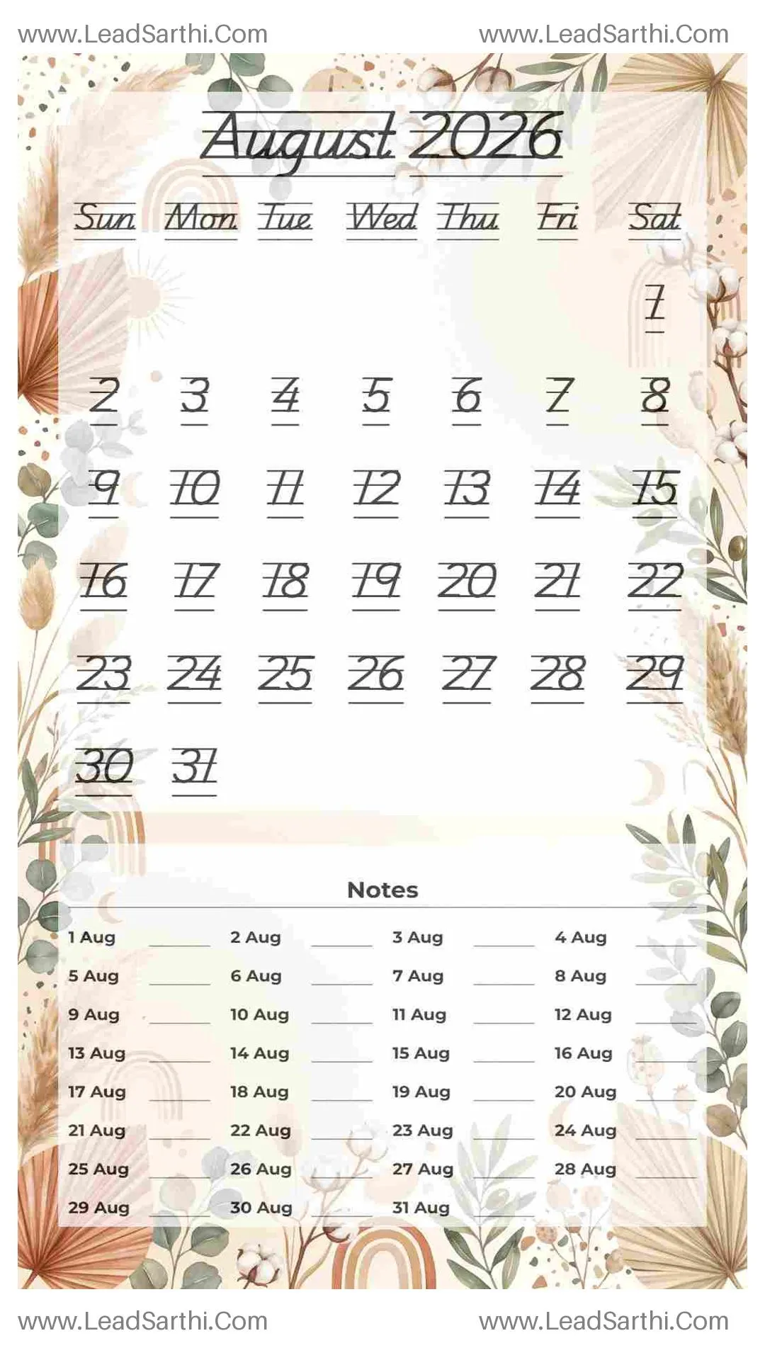 Printable August 2026 Calendar Template 3 Botonical Theme 186 Thumbnail