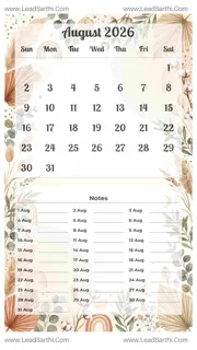 August 2026 Calendar Template 11 Botonical Theme 206 Design Template