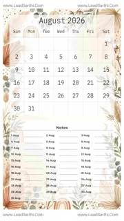 August 2026 Calendar Template 12 Botonical Theme 8 Design Template