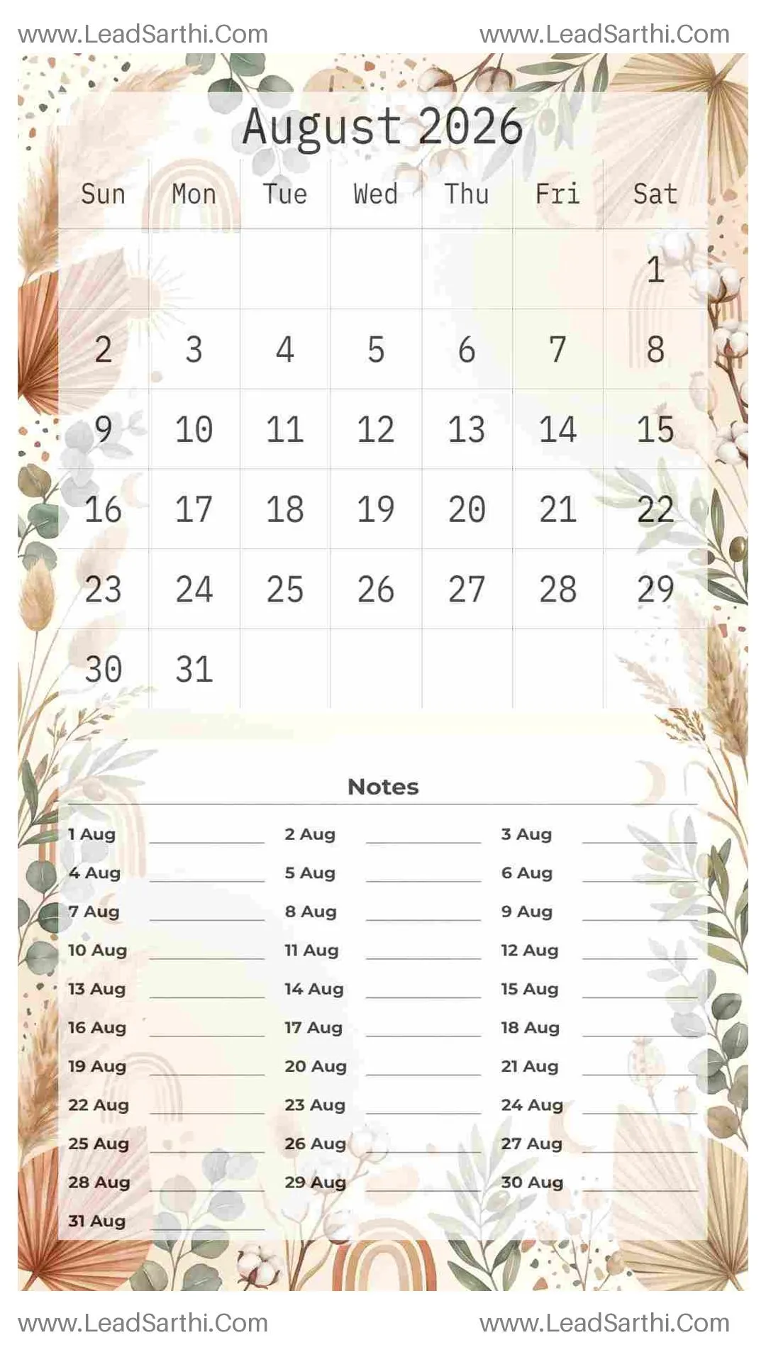 Printable August 2026 Calendar Template 12 Botonical Theme 8 Thumbnail