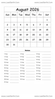 August 2026 Calendar Template 22 White BG 197 Design Template