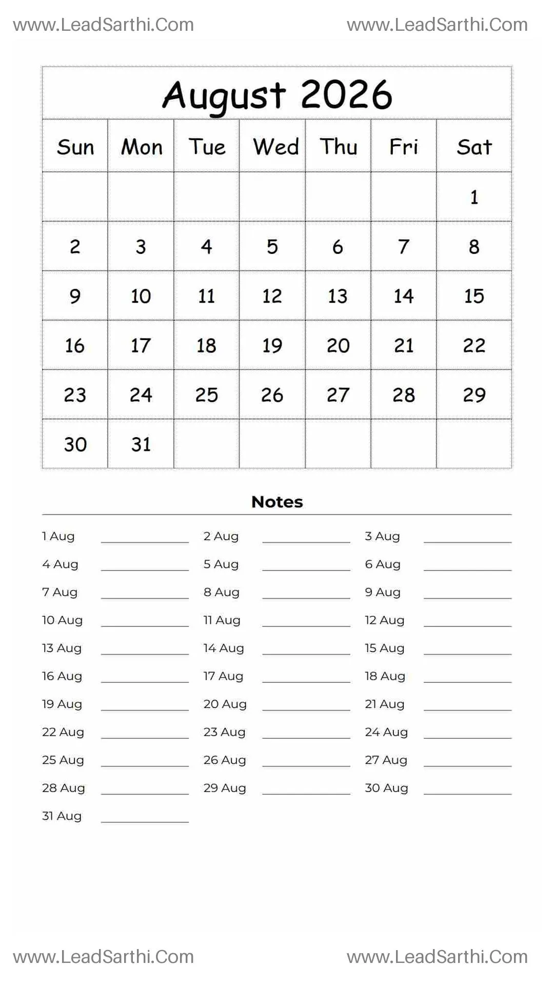 Printable August 2026 Calendar Template 22 White BG 197 Thumbnail