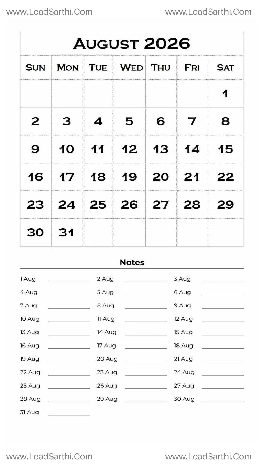 Printable August 2026 Calendar Template 14 White BG 231 Thumbnail