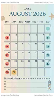 Coastal Breeze August 2026 Calendar Printable | Beach-Inspired USA Vertical Planner Design Template
