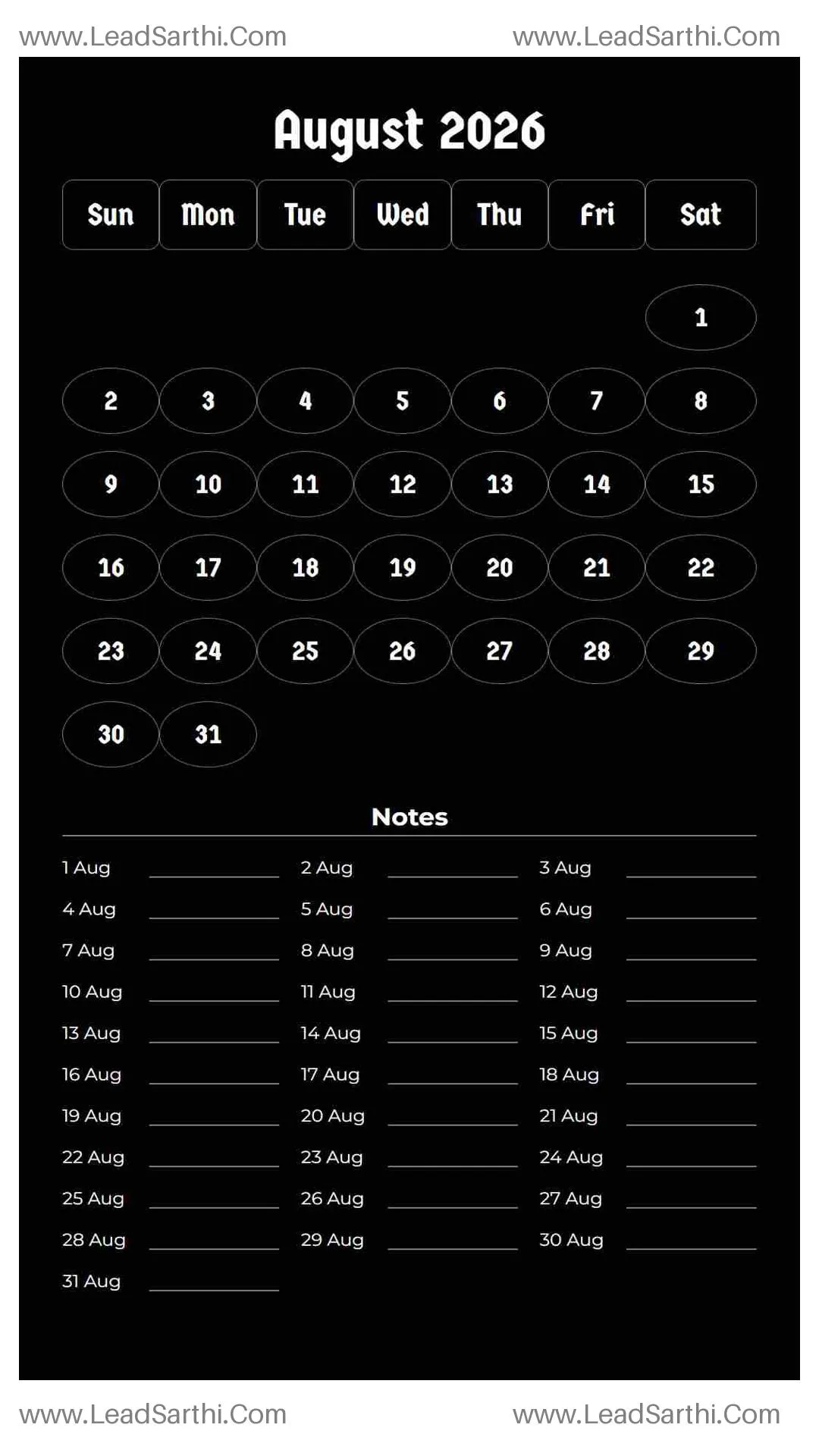 Printable August 2026 Calendar Template 9 Dark Theme 234 Thumbnail