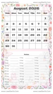 August 2026 Calendar Template 6 Butterfly Theme 247 Design Template