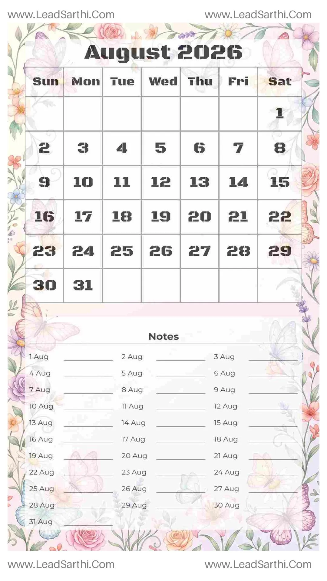 Printable August 2026 Calendar Template 6 Butterfly Theme 247 Thumbnail