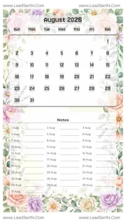 August 2026 Calendar Template 4 Floral Theme 45 Design Template
