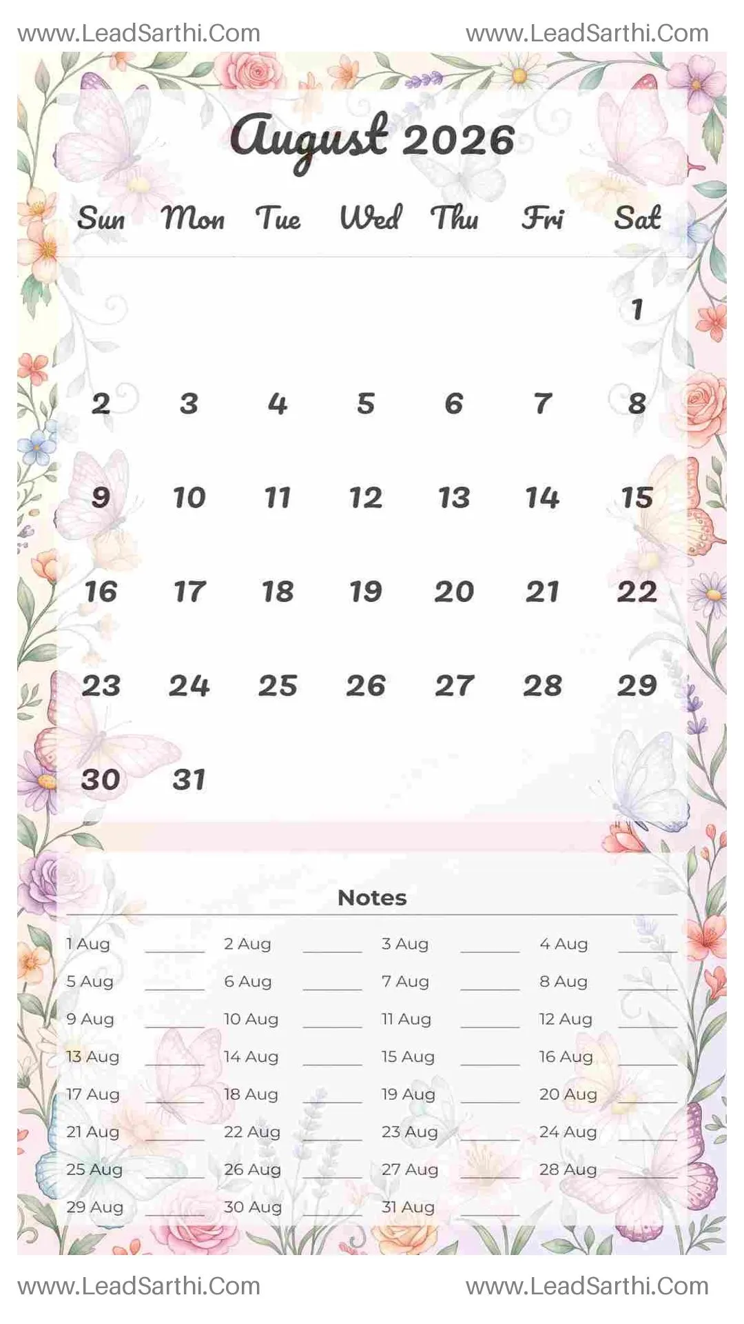 Printable August 2026 Calendar Template 16 Butterfly Theme 48 Thumbnail