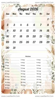 August 2026 Calendar Template 19 Botonical Theme 6 Design Template