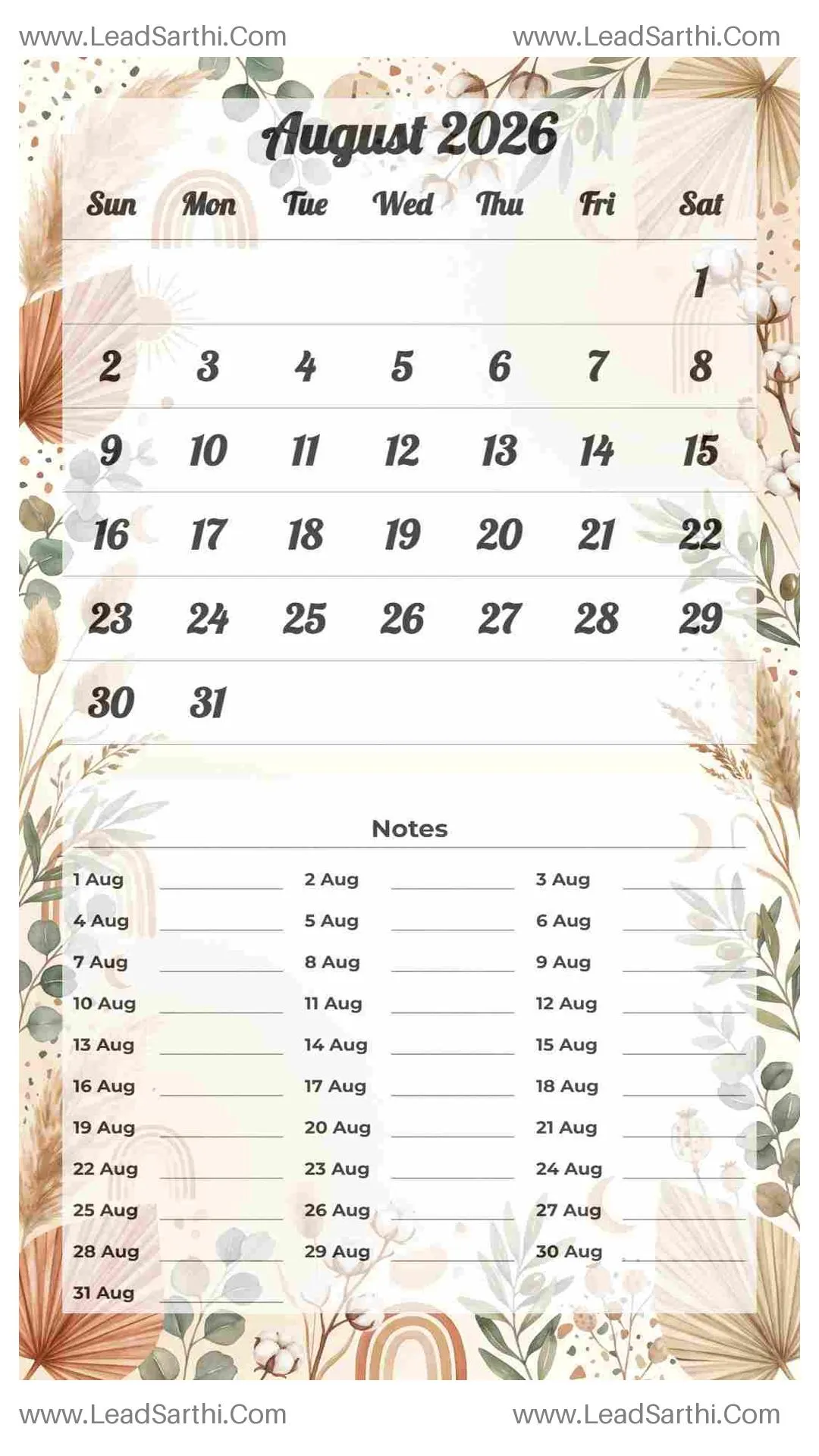 Printable August 2026 Calendar Template 19 Botonical Theme 6 Thumbnail