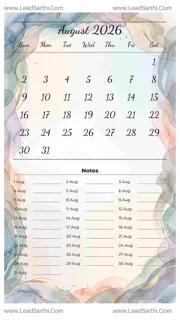 August 2026 Calendar Template 10 Watercolor Theme 208 Design Template