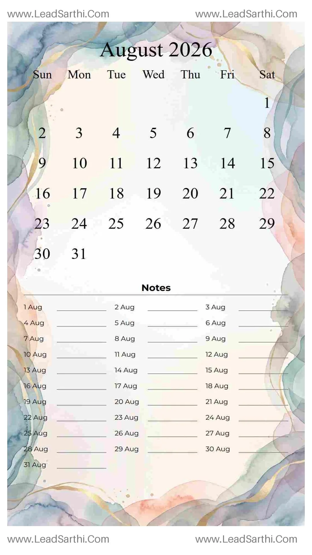 Printable August 2026 Calendar Template 1 Watercolor Theme 141 Thumbnail