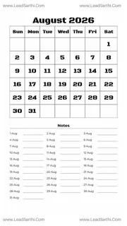 August 2026 Calendar Template 6 White BG 243 Design Template