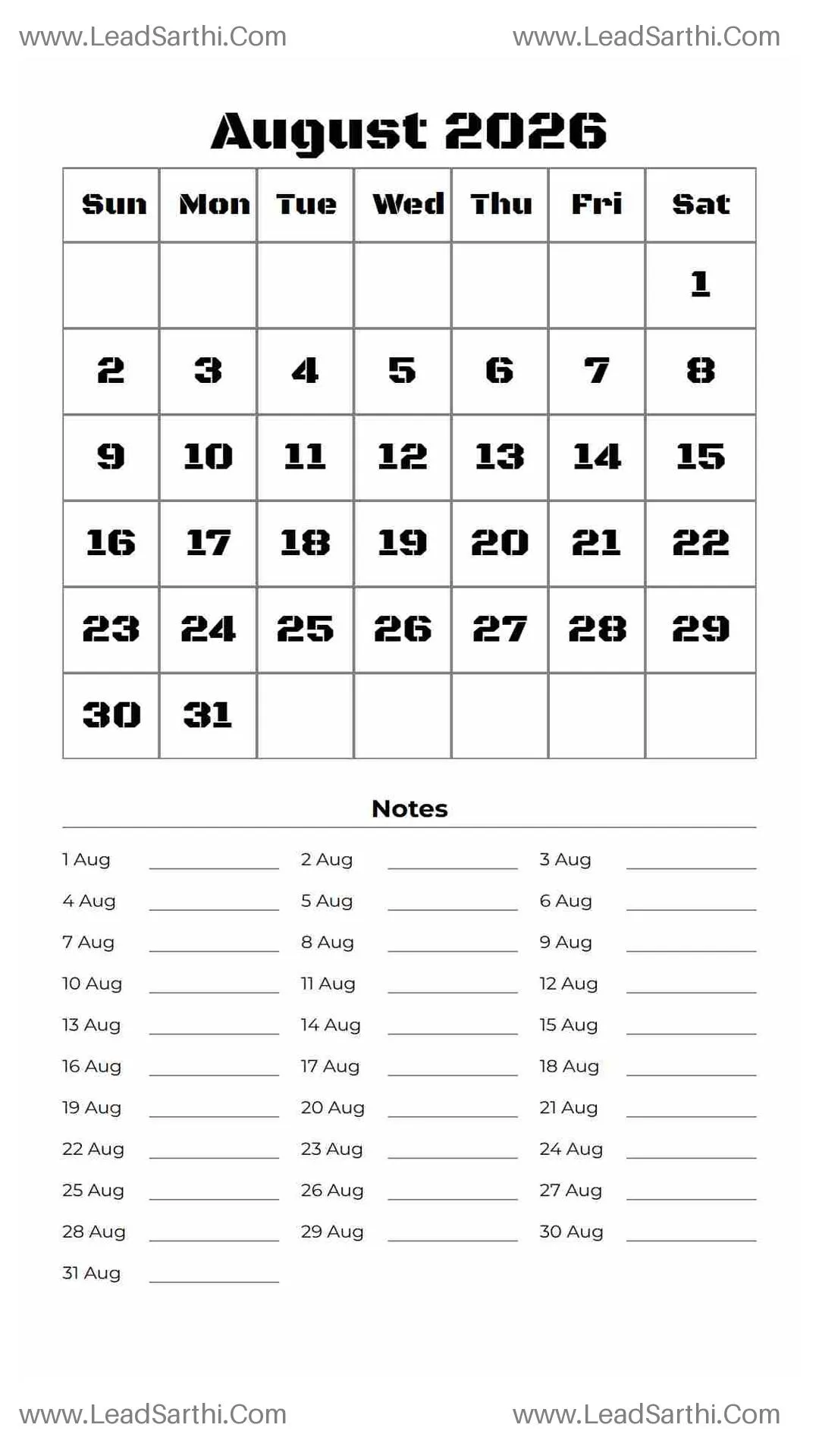 Printable August 2026 Calendar Template 6 White BG 243 Thumbnail