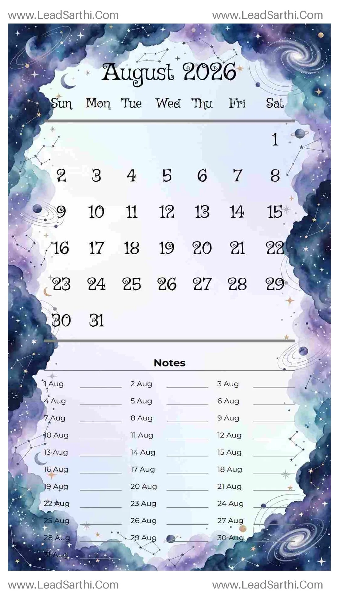 Printable August 2026 Calendar Template 2 Galaxy Theme 135 Thumbnail