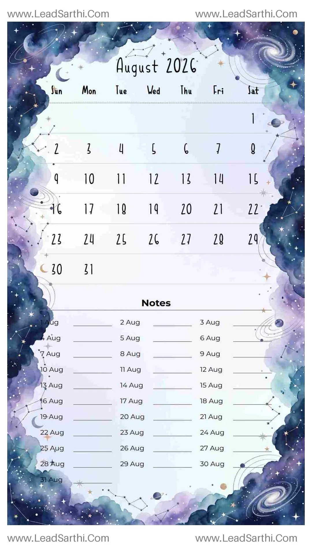 Printable August 2026 Calendar Template 13 Galaxy Theme 195 Thumbnail
