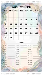 August 2026 Calendar Template 14 Watercolor Theme 108 Design Template