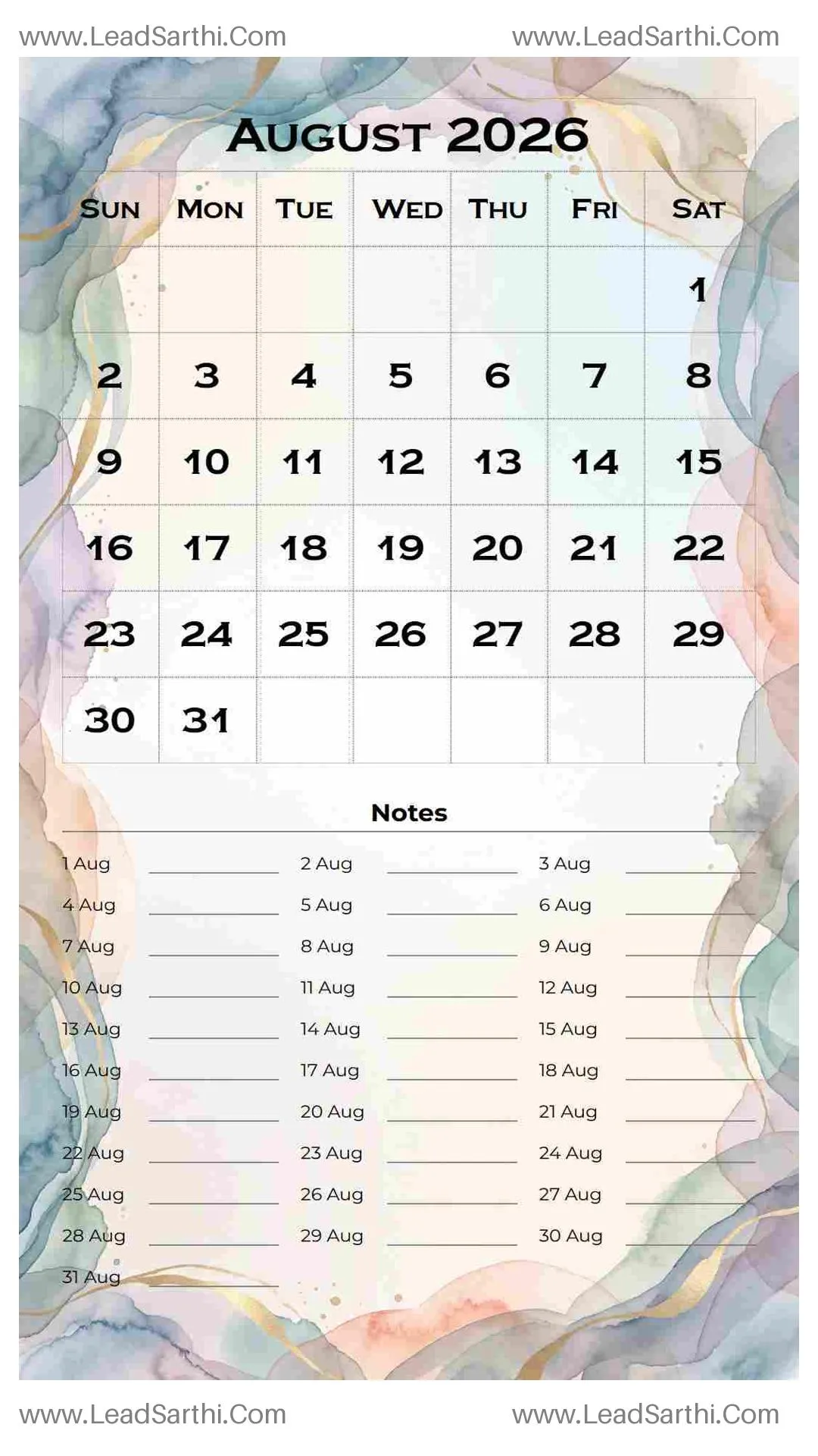 Printable August 2026 Calendar Template 14 Watercolor Theme 108 Thumbnail
