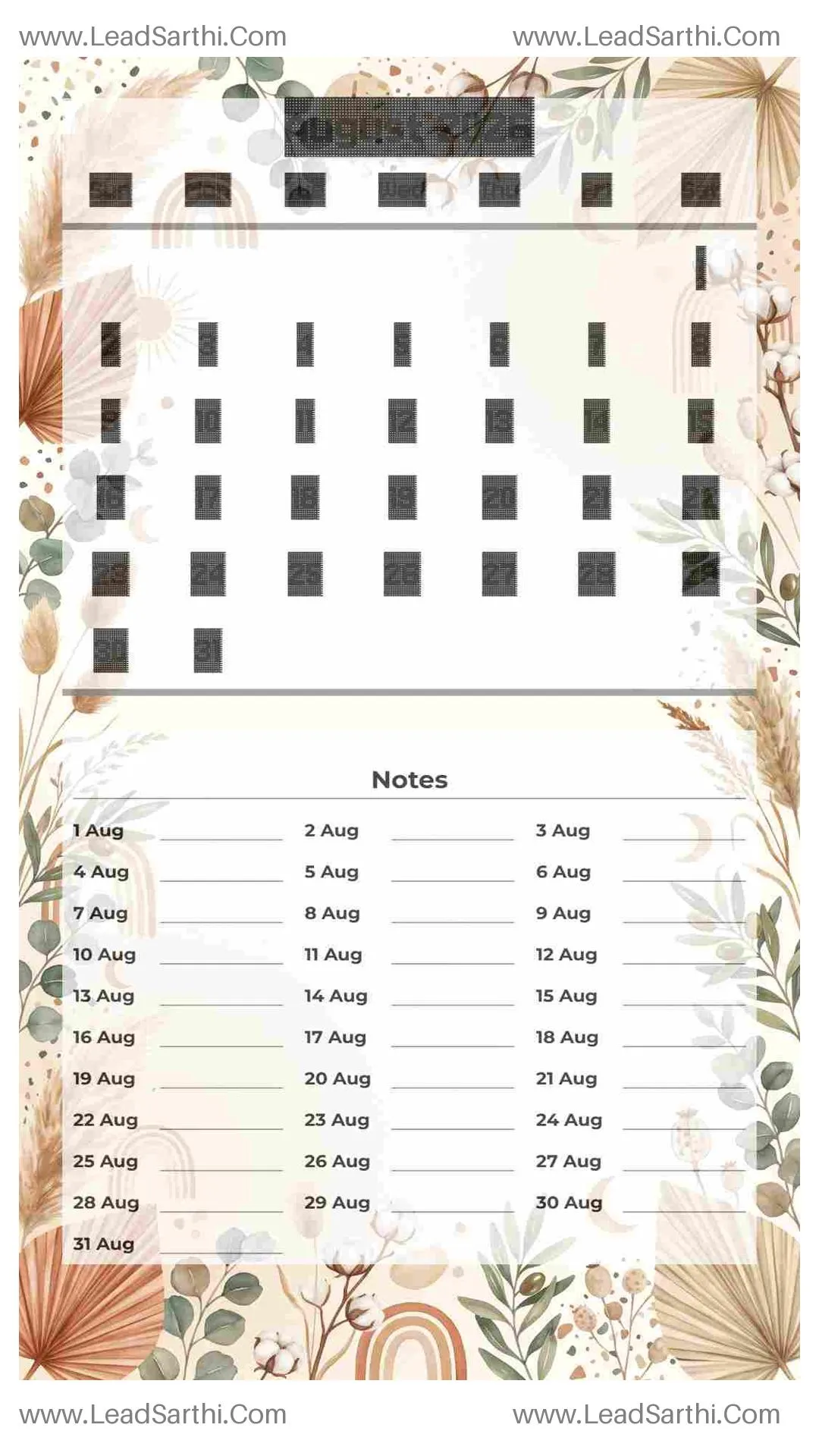 Printable August 2026 Calendar Template 4 Botonical Theme 268 Thumbnail