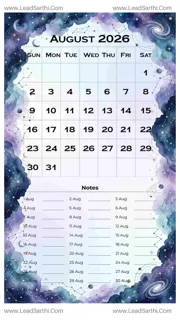 August 2026 Calendar Template 14 Galaxy Theme 104 Design Template