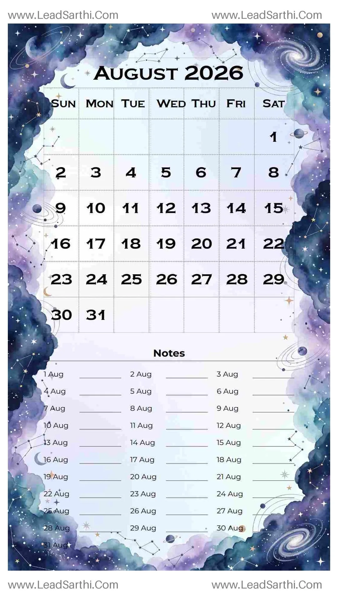 Printable August 2026 Calendar Template 14 Galaxy Theme 104 Thumbnail