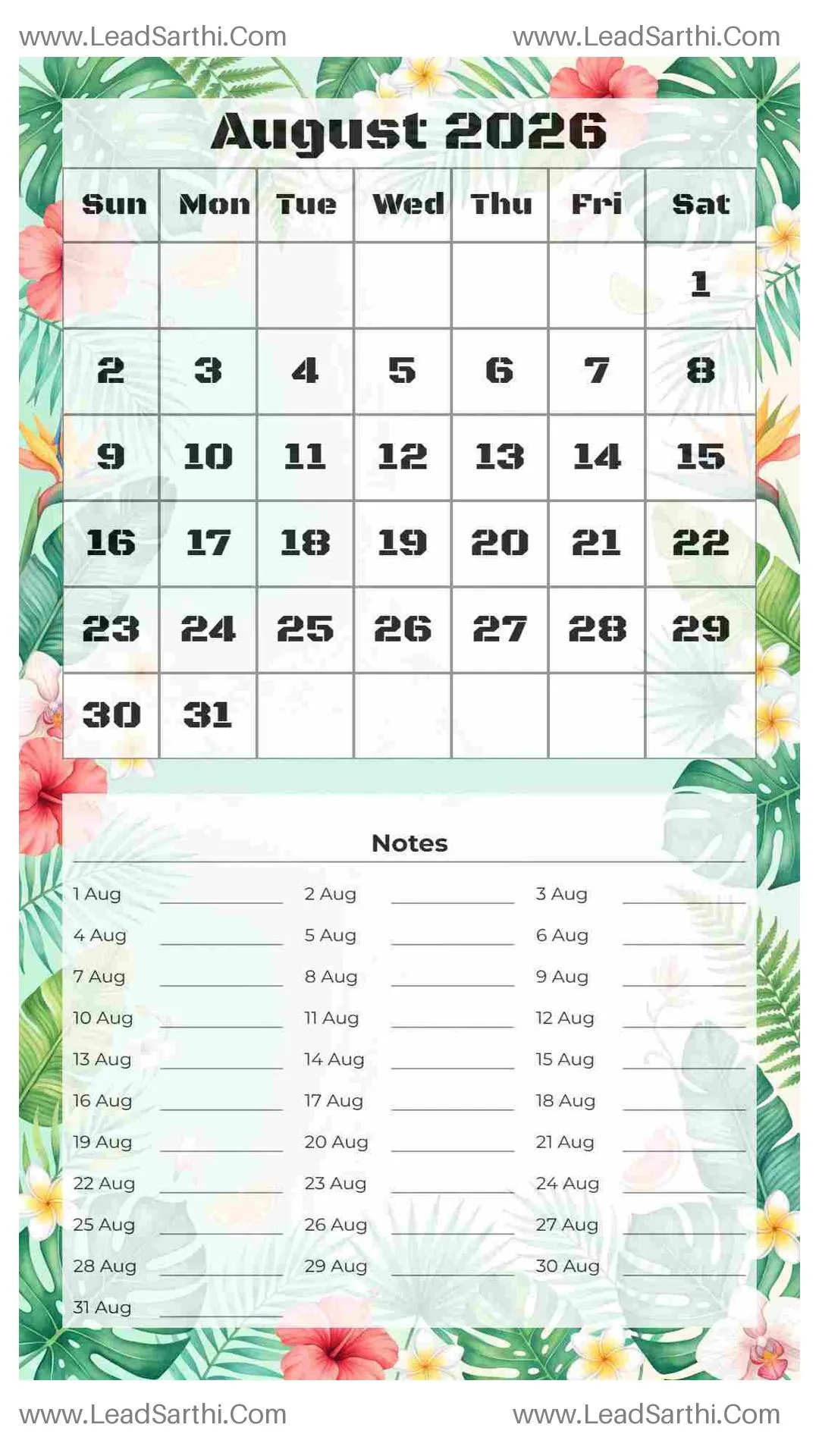 Printable August 2026 Calendar Template 6 Summer Theme 33 Thumbnail
