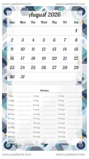 August 2026 Calendar Template 19 Geometric Theme 131 Design Template