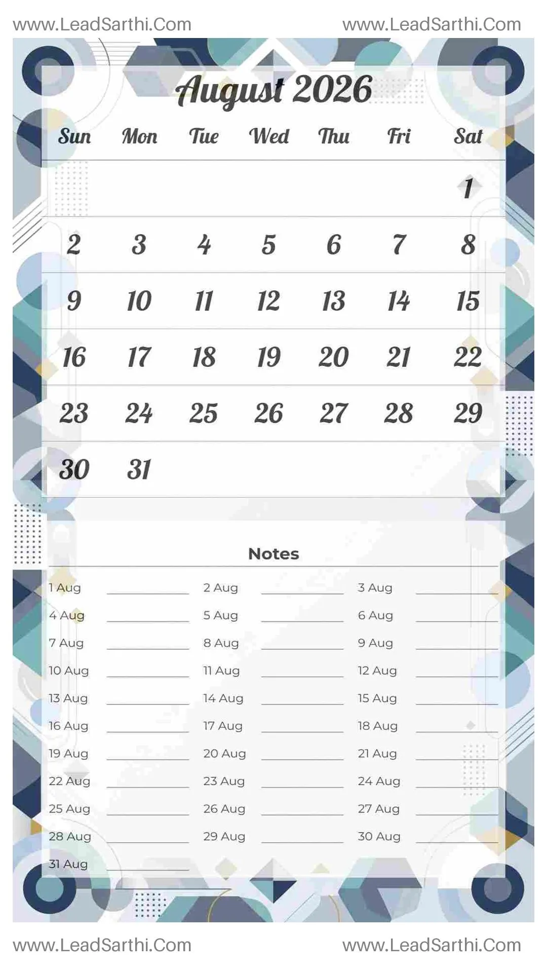 Printable August 2026 Calendar Template 19 Geometric Theme 131 Thumbnail