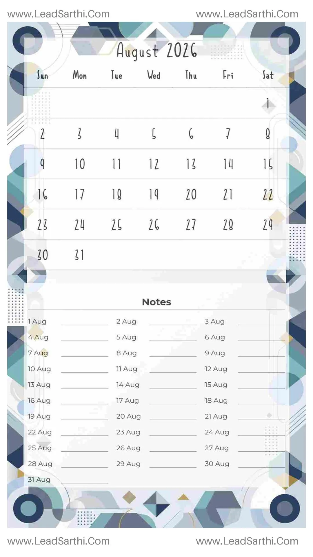 Printable August 2026 Calendar Template 13 Geometric Theme 137 Thumbnail