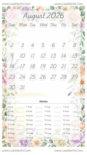 August 2026 Calendar Template 3 Floral Theme 226 Design Template
