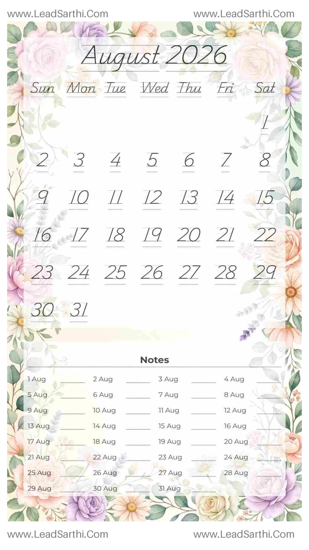 Printable August 2026 Calendar Template 3 Floral Theme 226 Thumbnail