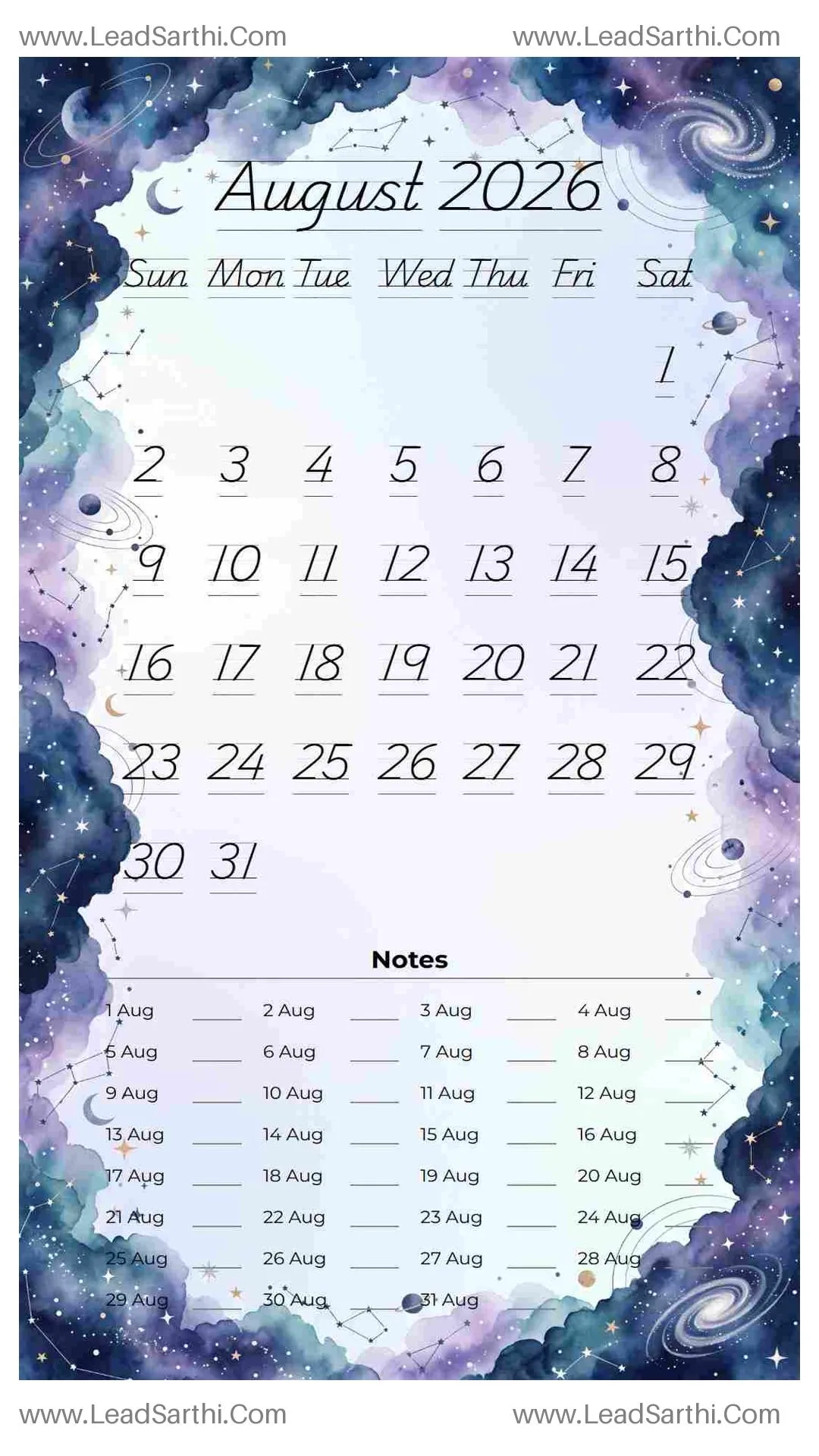 Printable August 2026 Calendar Template 3 Galaxy Theme 274 Thumbnail