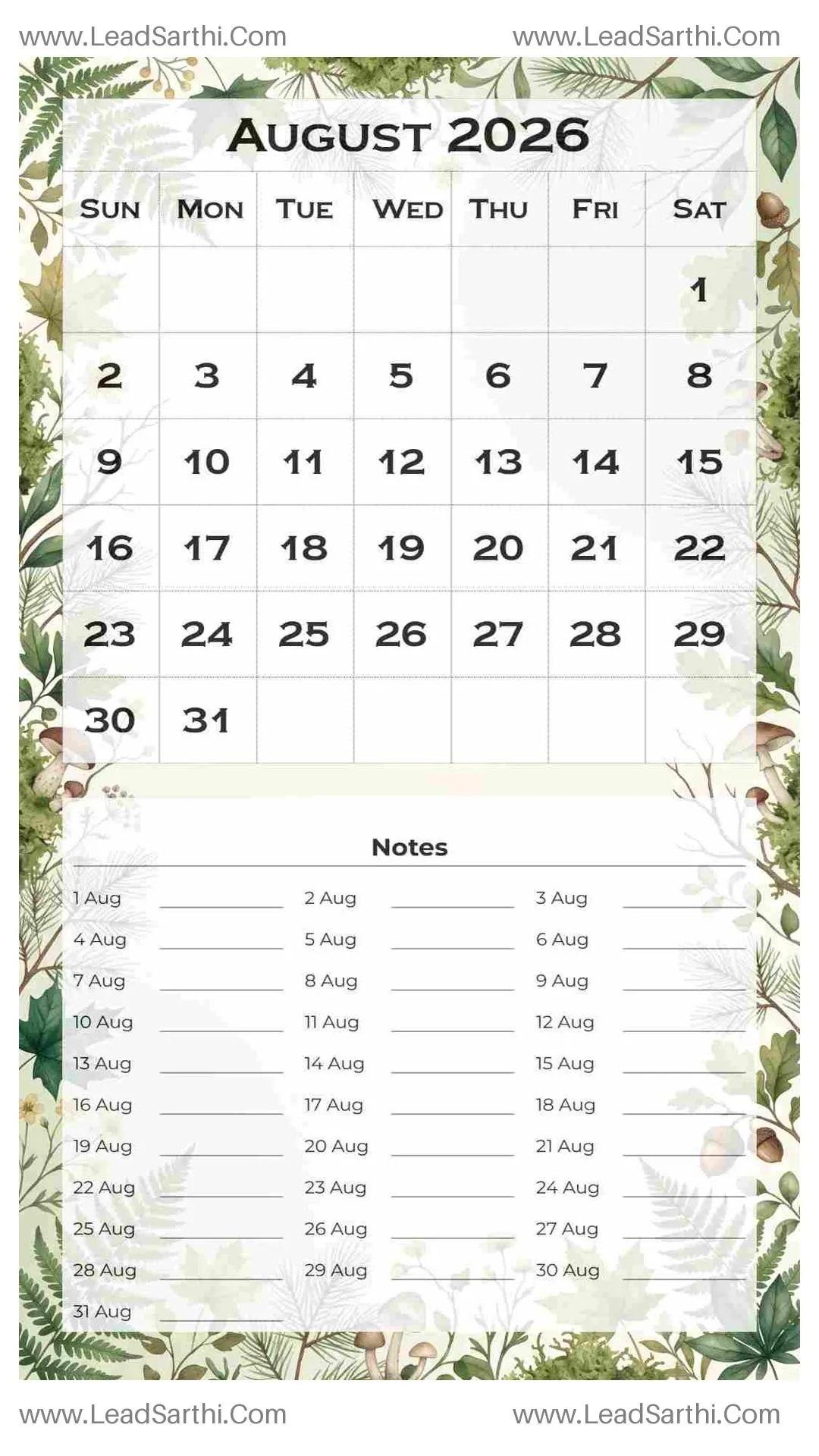 Printable August 2026 Calendar Template 14 Forest Theme 69 Thumbnail