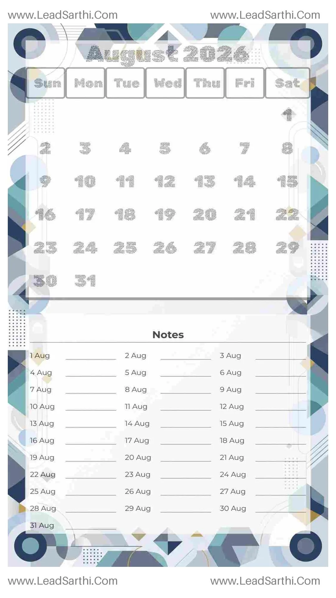 Printable August 2026 Calendar Template 5 Geometric Theme 267 Thumbnail
