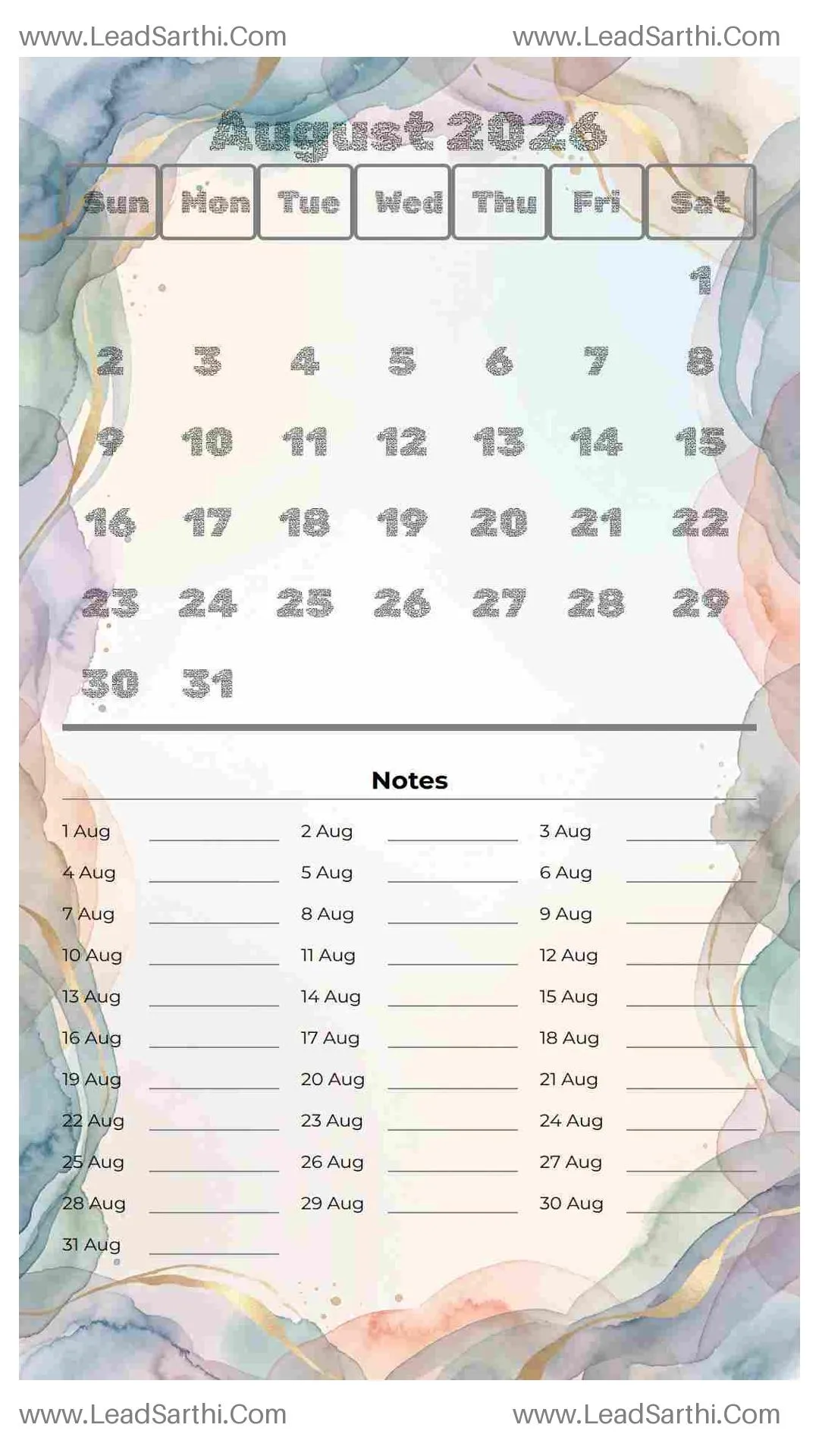 Printable August 2026 Calendar Template 5 Watercolor Theme 14 Thumbnail
