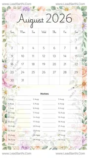 August 2026 Calendar Template 18 Floral Theme 149 Design Template