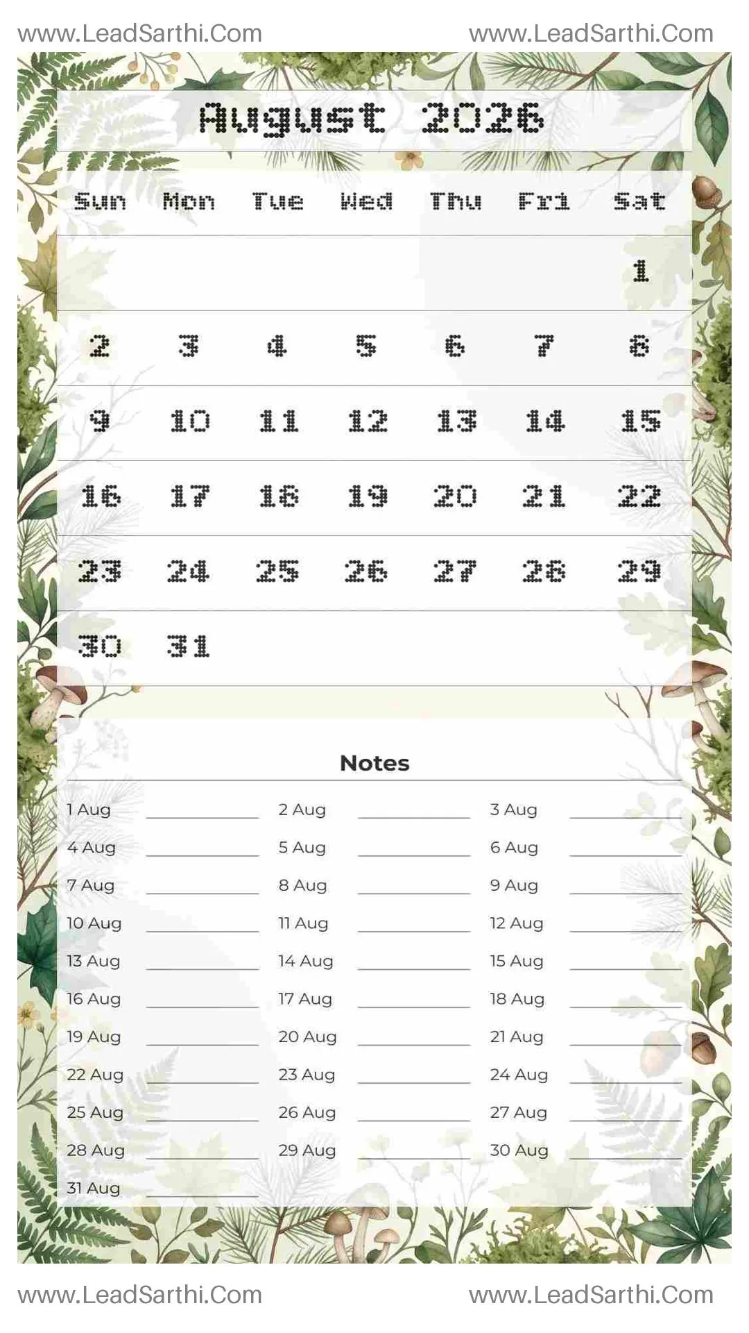 Printable August 2026 Calendar Template 7 Forest Theme 78 Thumbnail