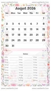 August 2026 Calendar Template 20 Butterfly Theme 253 Design Template