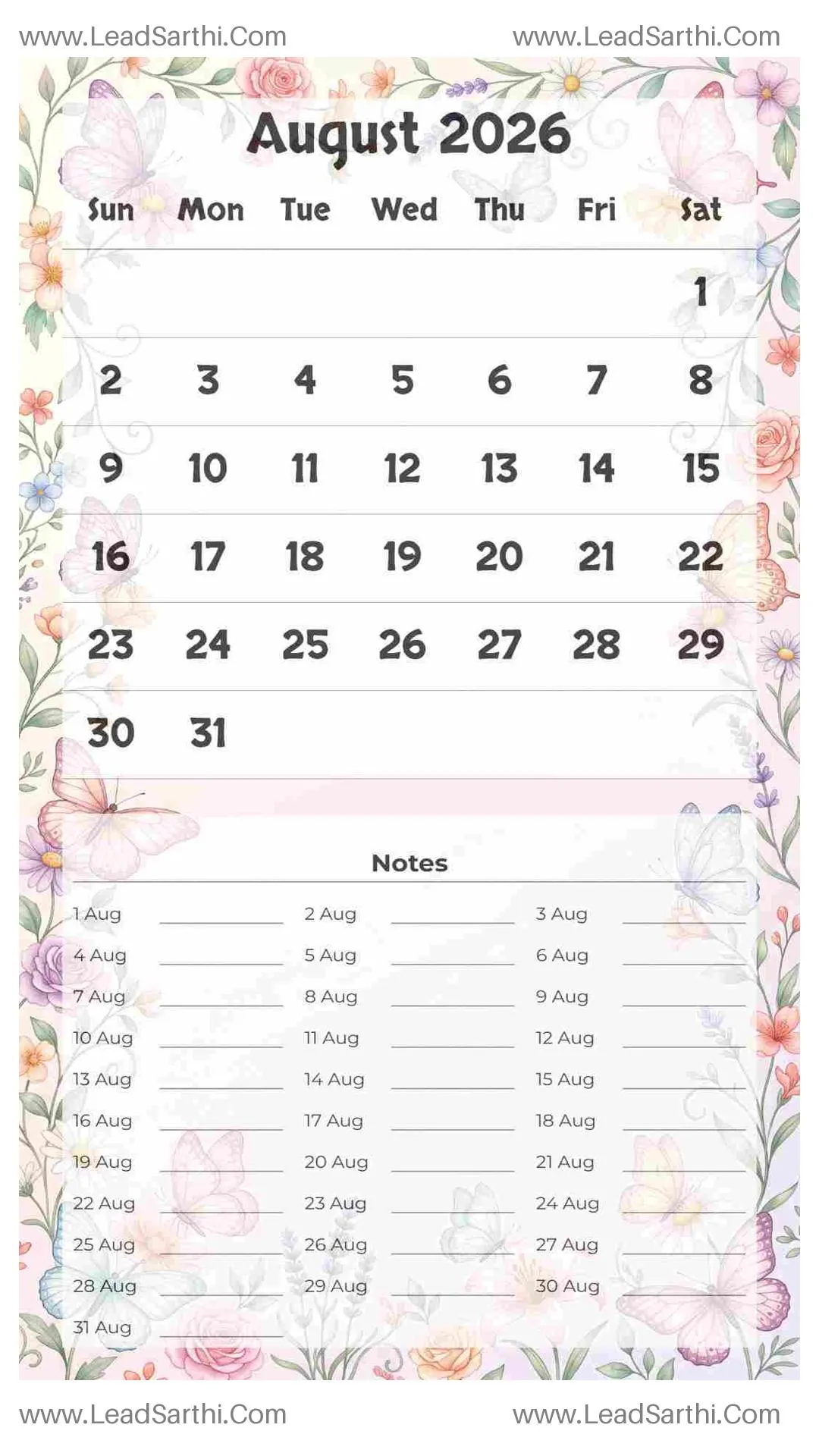 Printable August 2026 Calendar Template 20 Butterfly Theme 253 Thumbnail