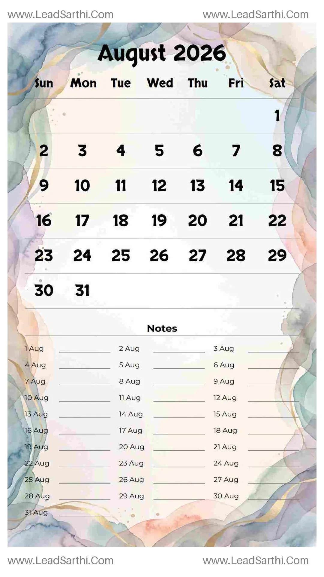 Printable August 2026 Calendar Template 20 Watercolor Theme 19 Thumbnail