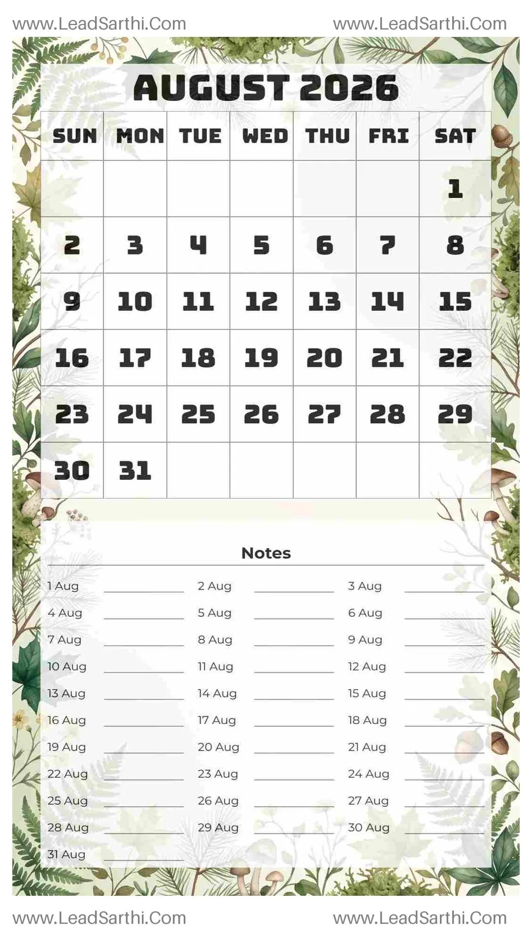 Printable August 2026 Calendar Template 17 Forest Theme 7 Thumbnail