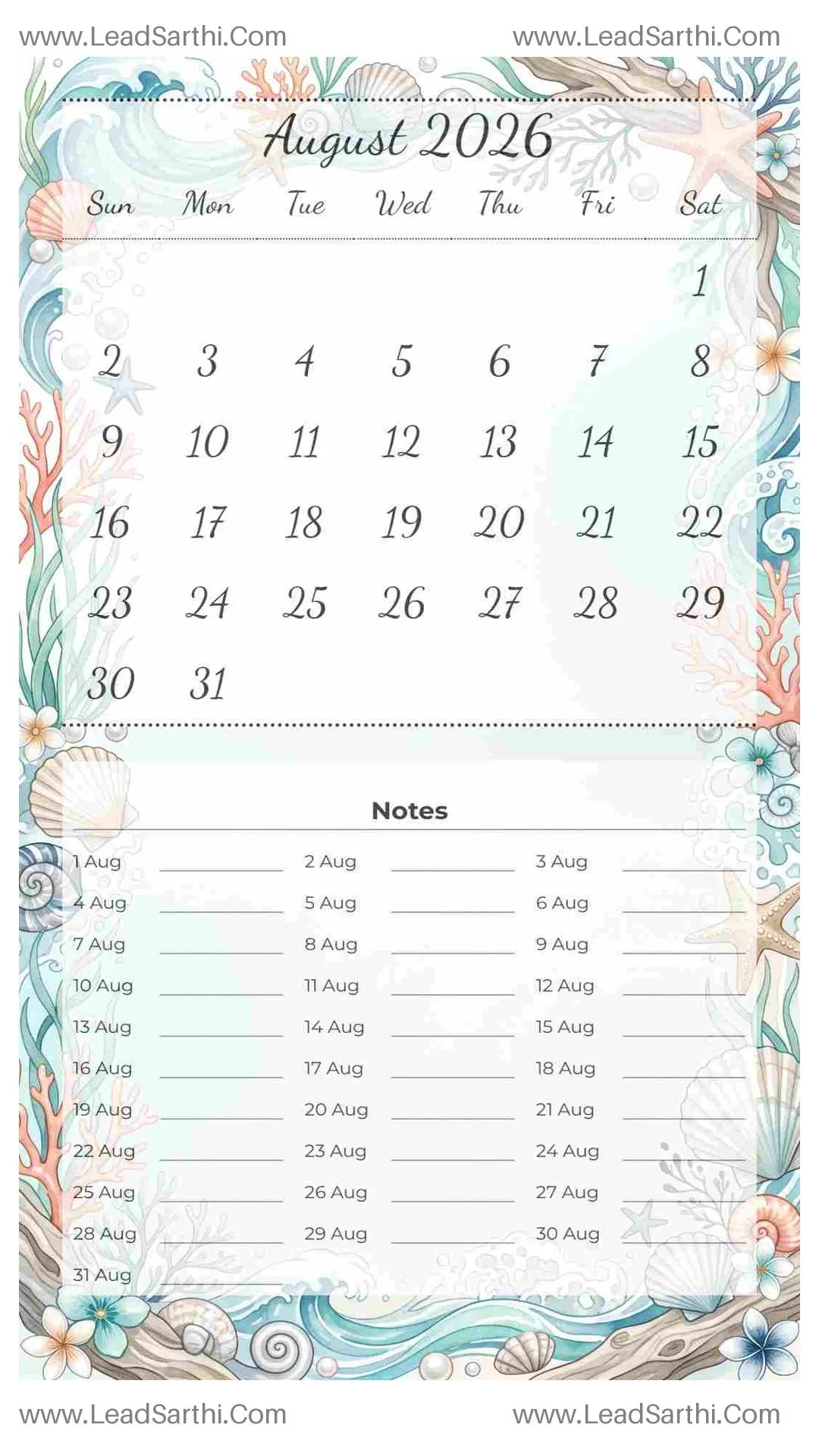 Printable August 2026 Calendar Template 10 Ocean Theme 144 Thumbnail