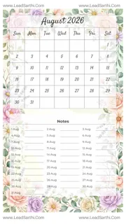 August 2026 Calendar Template 22 Floral Theme 261 Design Template