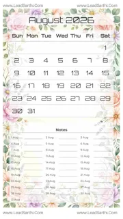 August 2026 Calendar Template 15 Floral Theme 12 Design Template