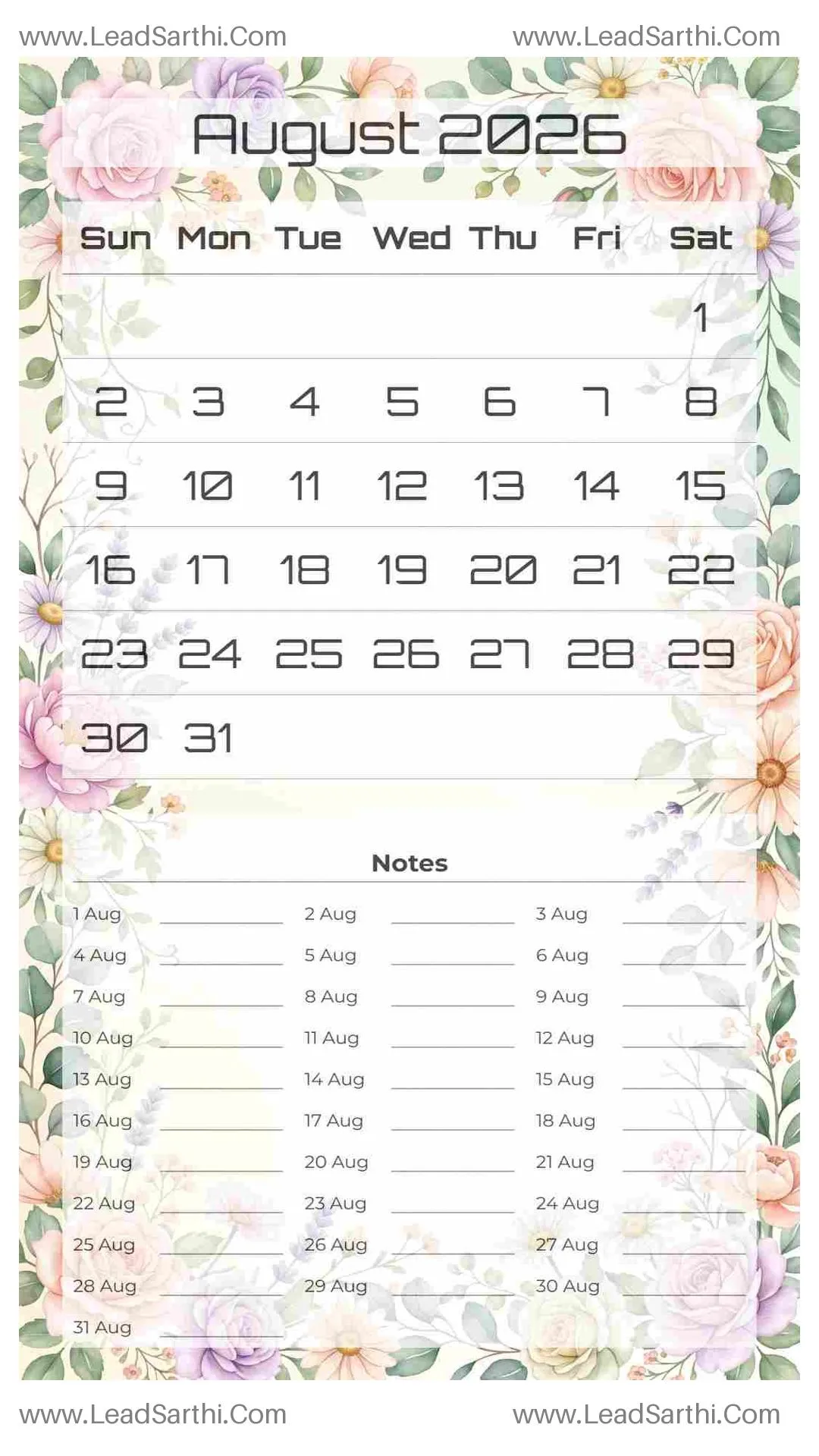 Printable August 2026 Calendar Template 15 Floral Theme 12 Thumbnail