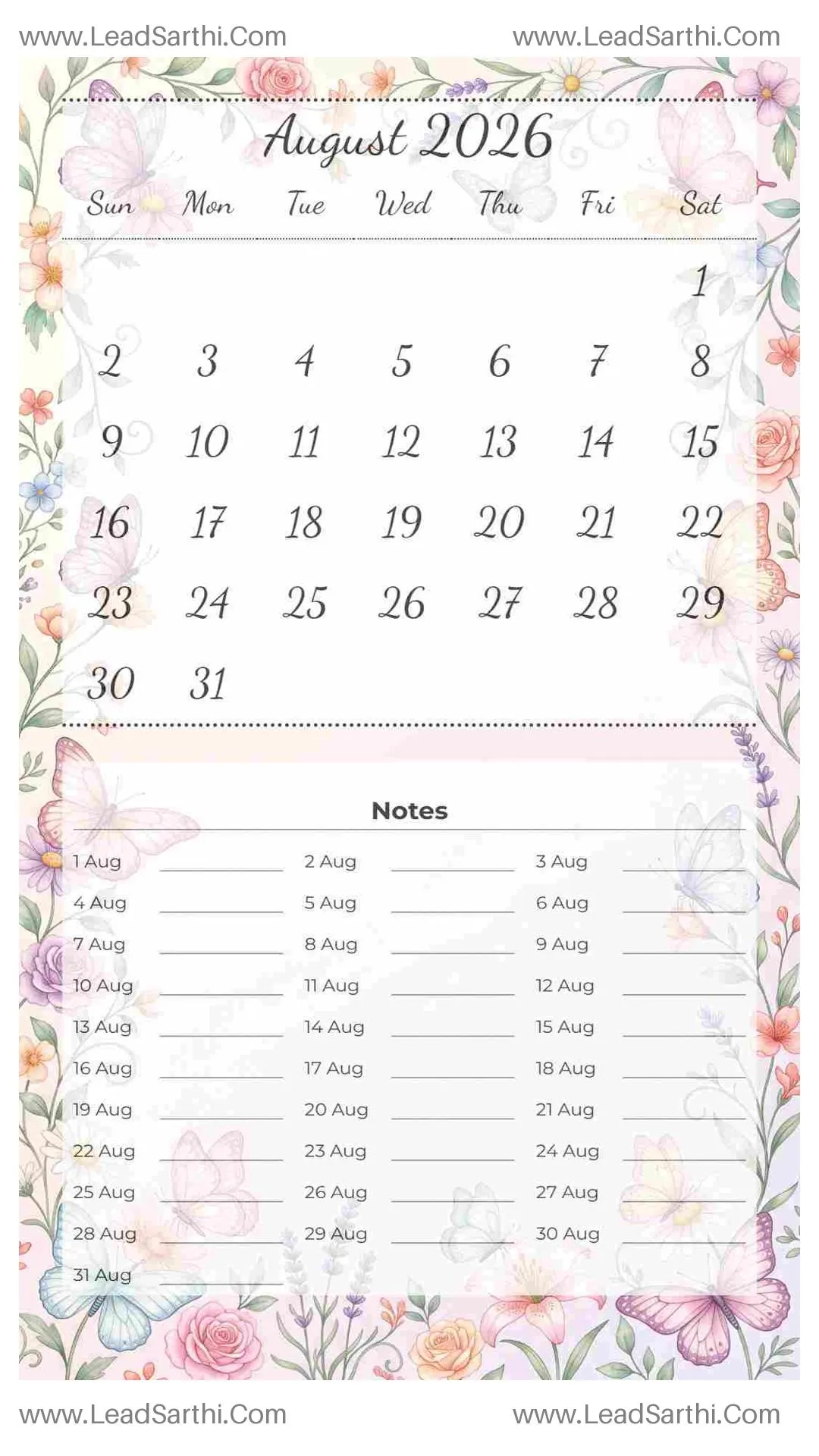Printable August 2026 Calendar Template 10 Butterfly Theme 258 Thumbnail