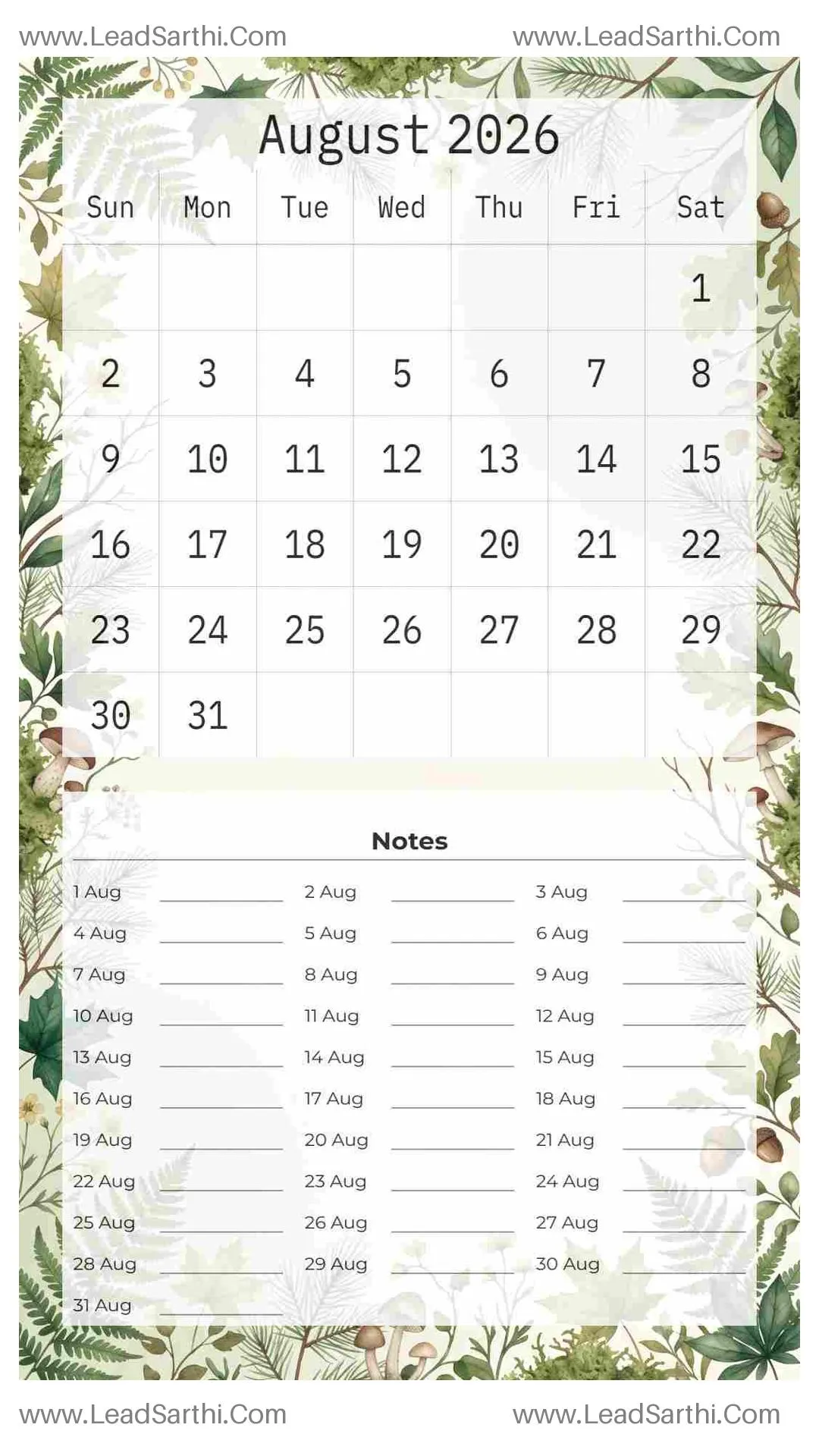 Printable August 2026 Calendar Template 12 Forest Theme 180 Thumbnail