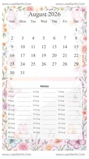 August 2026 Calendar Template 1 Butterfly Theme 266 Design Template