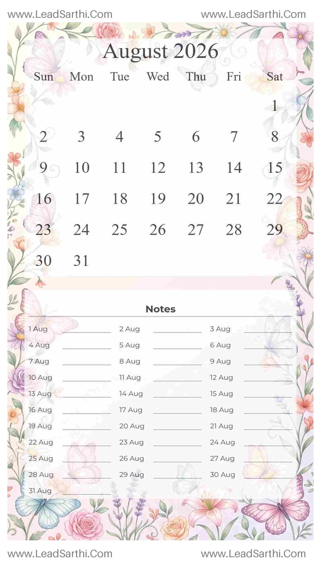 Printable August 2026 Calendar Template 1 Butterfly Theme 266 Thumbnail